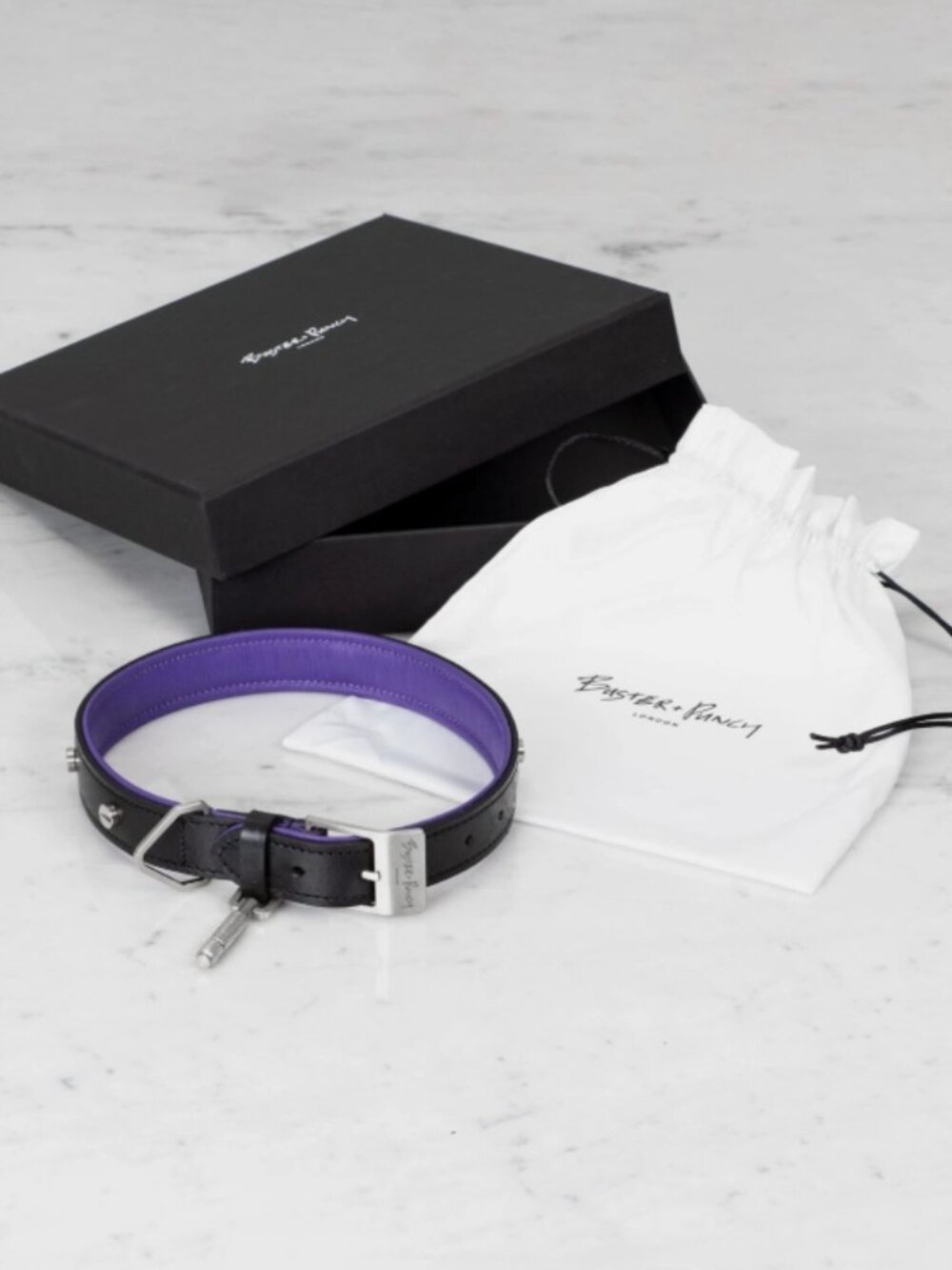 NWT Buster + Punch Leather Dog Leash - Black with Purple Trim Silver Size XL